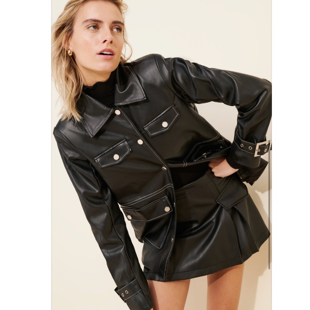 WeWoreWhat Vegan Leather Western Jacket Black Snap Front Utility Size S NWT